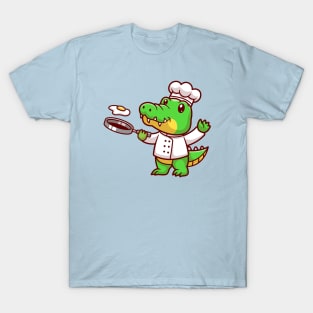 Cute Crocodile Chef Cooking Egg Cartoon T-Shirt